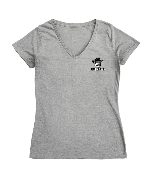 New Mexico State Aggies Hand Sketched Vive La Fete Impressions Artwork Grey Women Cotton Short Sleeve V-Neck Tshirt