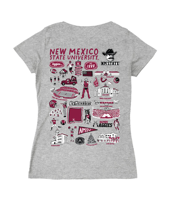 New Mexico State Aggies Hand Sketched Vive La Fete Impressions Artwork Maroon Women Cotton Short Sleeve V-Neck Tshirt