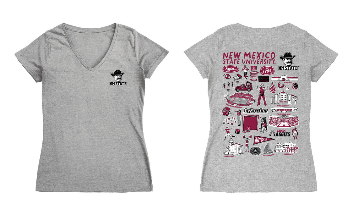 New Mexico State Aggies Hand Sketched Vive La Fete Impressions Artwork Maroon Women Cotton Short Sleeve V-Neck Tshirt