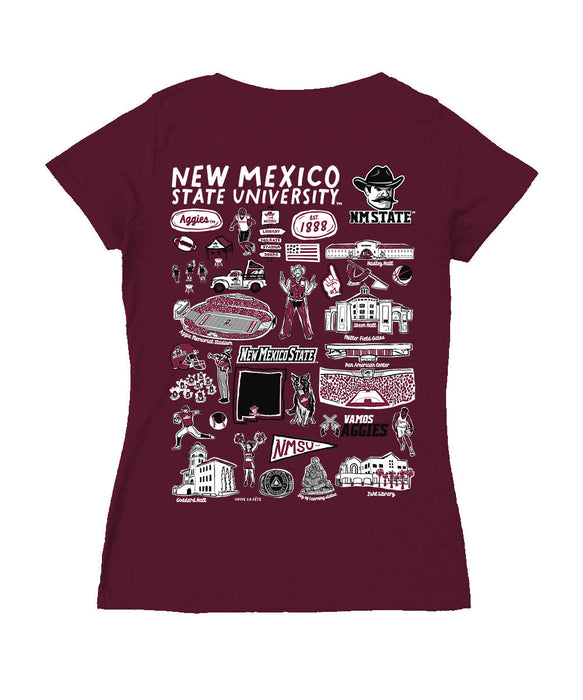 New Mexico State Aggies Hand Sketched Vive La Fete Impressions Artwork Maroon Women Cotton Short Sleeve V-Neck Tshirt