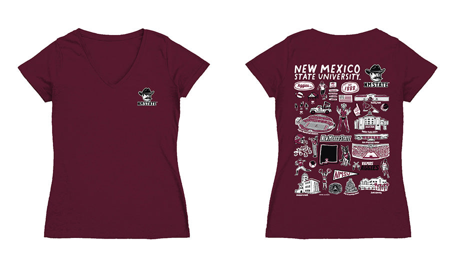 New Mexico State Aggies Hand Sketched Vive La Fete Impressions Artwork Maroon Women Cotton Short Sleeve V-Neck Tshirt