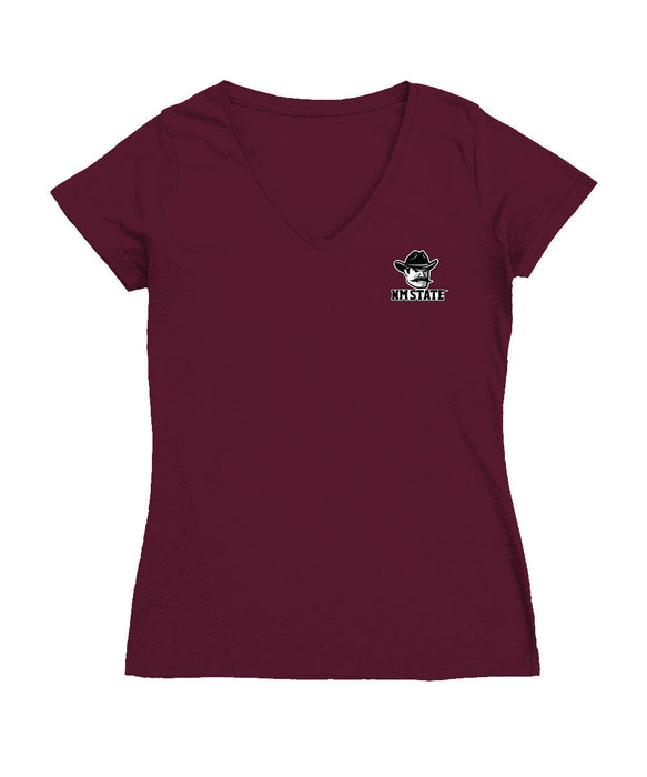 New Mexico State Aggies Hand Sketched Vive La Fete Impressions Artwork Maroon Women Cotton Short Sleeve V-Neck Tshirt
