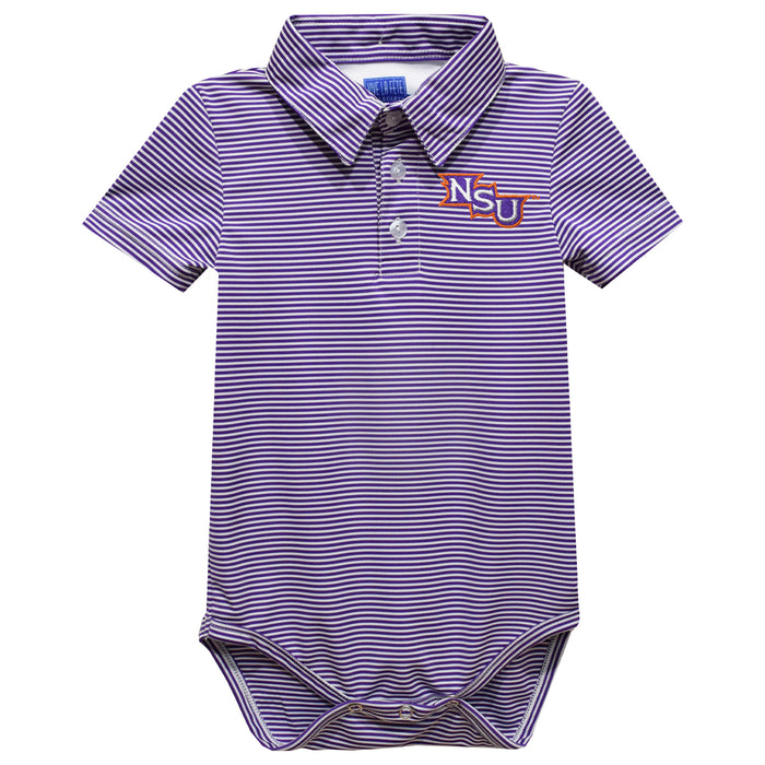 Northwestern State Demons Embroidered Purple Stripes Stripe Knit Polo Onesie