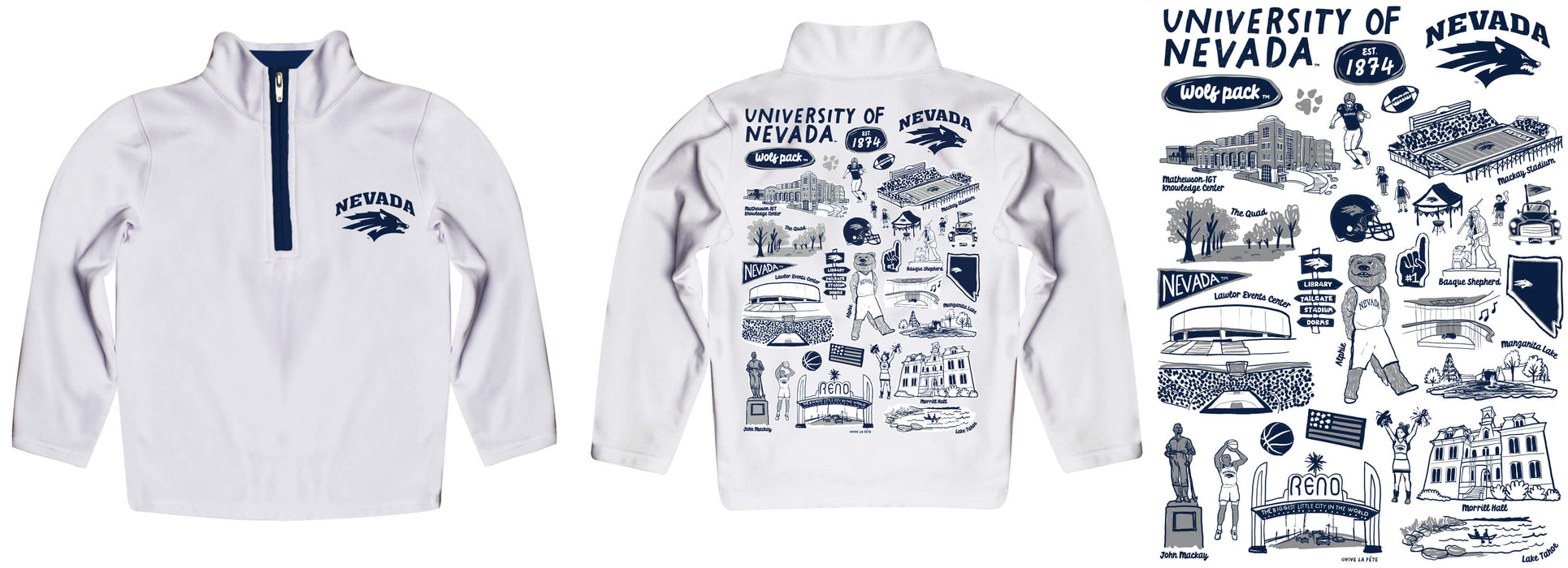 University of Nevada Reno Wolfpack Hand Sketched Vive La Fete Impressions Artwork White Boys Quarter Zip Pullover V1 - Vive La Fête - Online Apparel Store