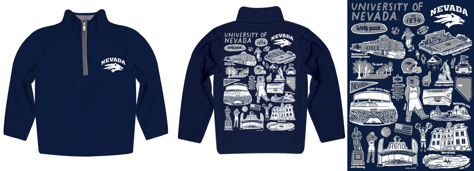 University of Nevada Reno Wolfpack Hand Sketched Vive La Fete Impressions Artwork Navy Boys Quarter Zip Pullover V1 - Vive La Fête - Online Apparel Store