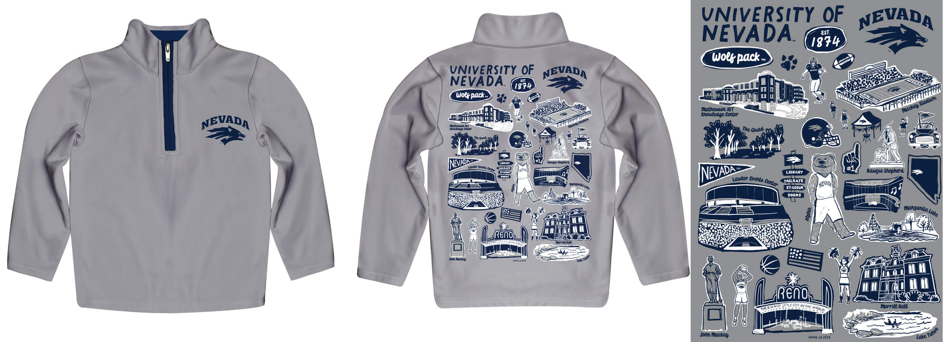 University of Nevada Reno Wolfpack Hand Sketched Vive La Fete Impressions Artwork Gray Boys Quarter Zip Pullover V1 - Vive La Fête - Online Apparel Store