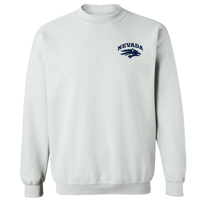 University of Nevada Reno Wolfpack Hand Sketched Vive La Fete Impressions Artwork White Crew Neck Sweatshirt for Women