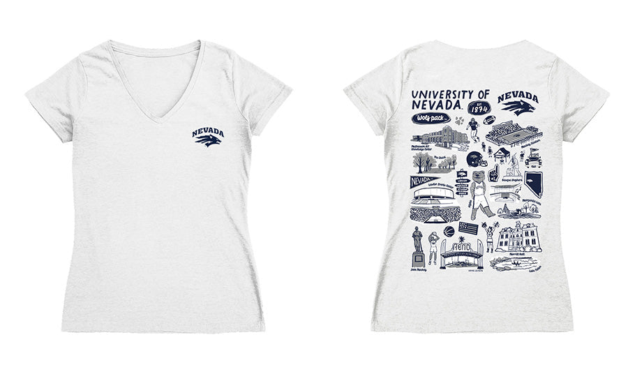 Nevada Wolfpack UNR Hand Sketched Vive La Fete Impressions Artwork Navy Women Cotton Short Sleeve V-Neck Tshirt