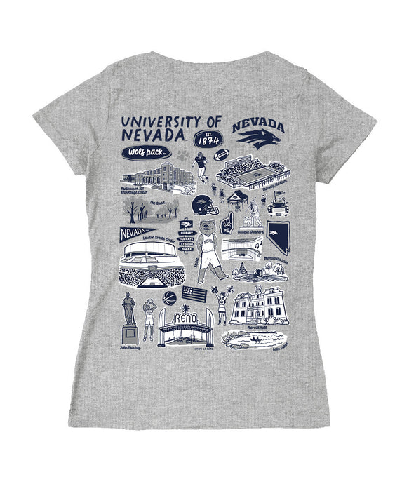 Nevada Wolfpack UNR Hand Sketched Vive La Fete Impressions Artwork Navy Women Cotton Short Sleeve V-Neck Tshirt