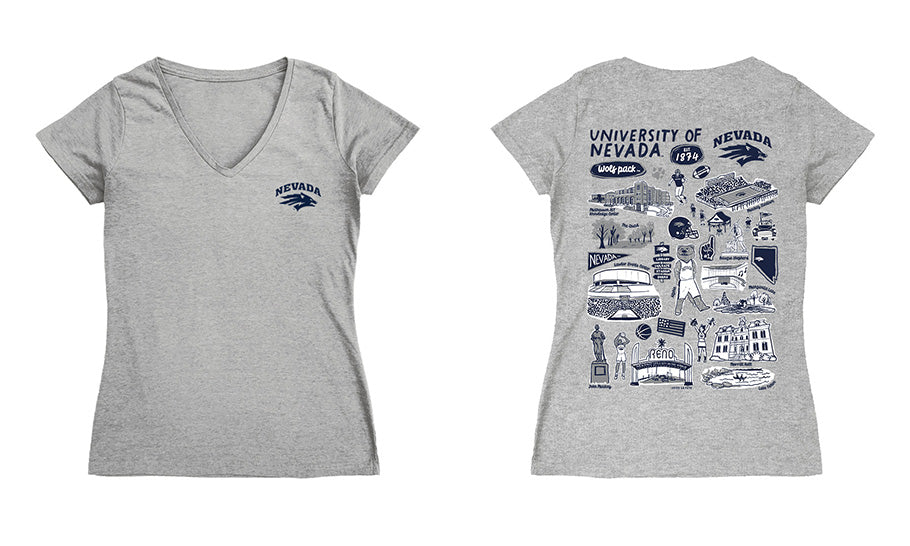 Nevada Wolfpack UNR Hand Sketched Vive La Fete Impressions Artwork Navy Women Cotton Short Sleeve V-Neck Tshirt