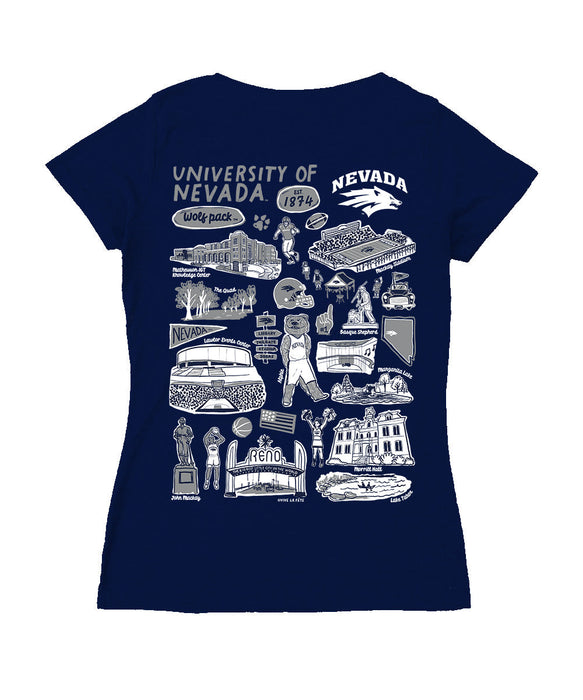 Nevada Wolfpack UNR Hand Sketched Vive La Fete Impressions Artwork Navy Women Cotton Short Sleeve V-Neck Tshirt