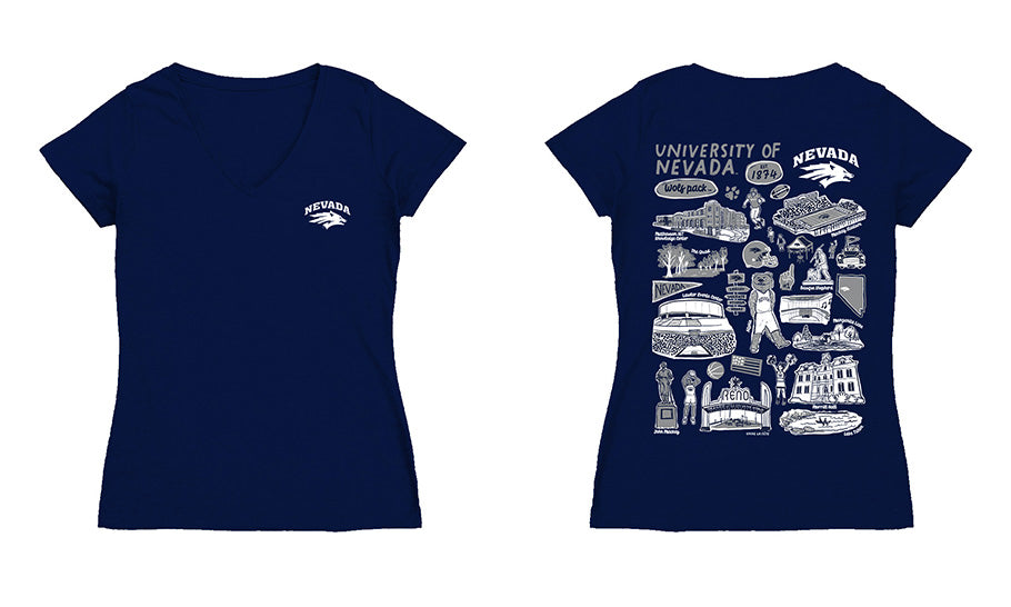 Nevada Wolfpack UNR Hand Sketched Vive La Fete Impressions Artwork Navy Women Cotton Short Sleeve V-Neck Tshirt