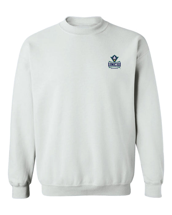 University of North Carolina Seahawks UNCW Hand Sketched Vive La Fete Impressions Artwork White Crew Neck Sweatshirt for