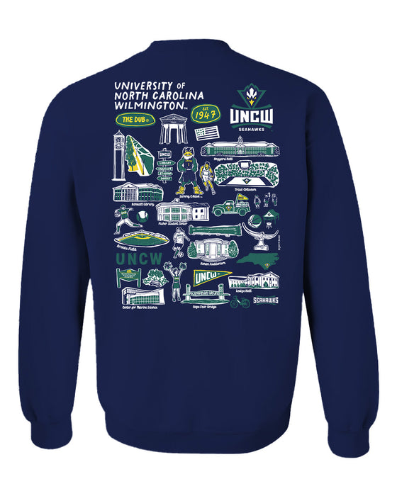 University of North Carolina Seahawks UNCW Hand Sketched Vive La Fete Impressions Artwork Navy Crew Neck Sweatshirt for - Vive La Fête - Online Apparel Store