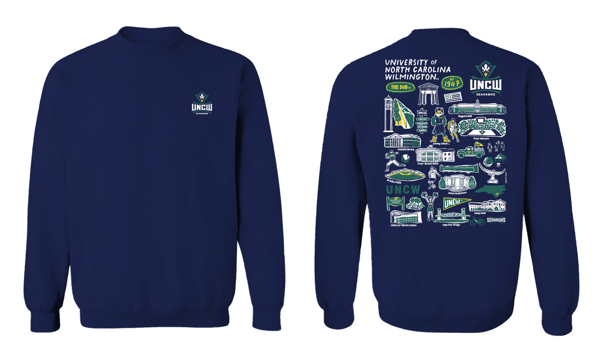 University of North Carolina Seahawks UNCW Hand Sketched Vive La Fete Impressions Artwork Navy Crew Neck Sweatshirt for - Vive La Fête - Online Apparel Store