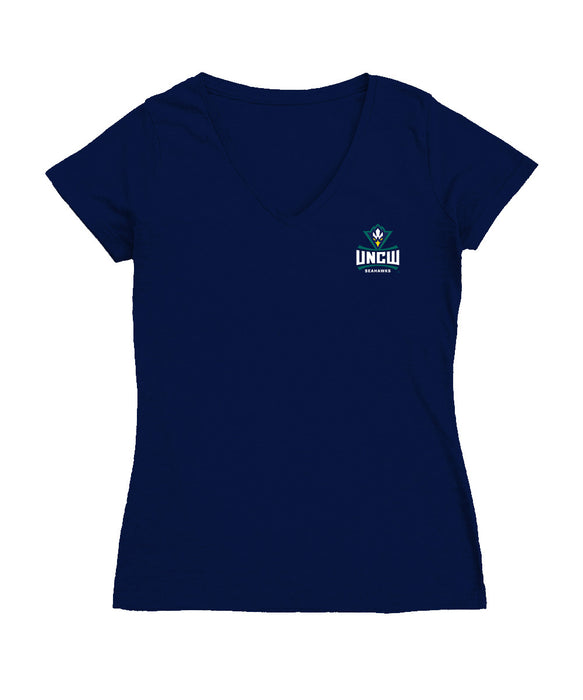 UNC Wilmington Seahawks UNCW Hand Sketched Vive La Fete Impressions Artwork Navy Women Cotton Short Sleeve V-Neck Tshirt