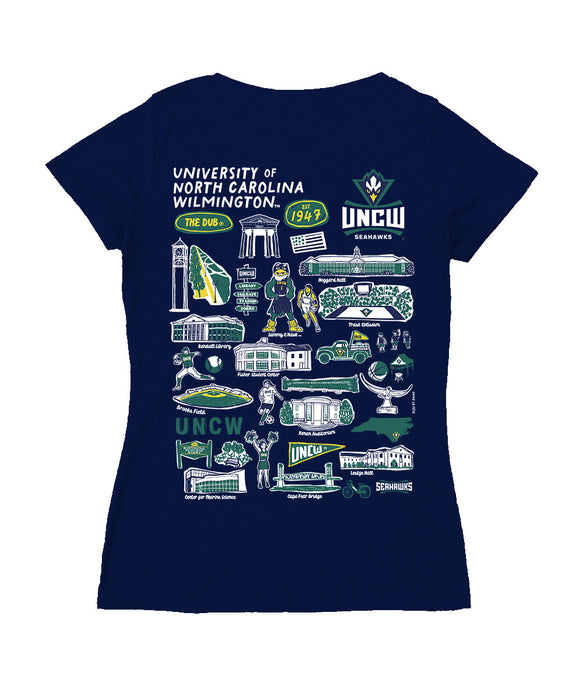 UNC Wilmington Seahawks UNCW Hand Sketched Vive La Fete Impressions Artwork Navy Women Cotton Short Sleeve V-Neck Tshirt