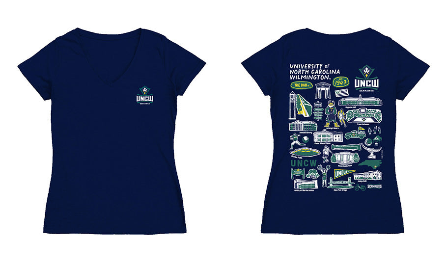 UNC Wilmington Seahawks UNCW Hand Sketched Vive La Fete Impressions Artwork Navy Women Cotton Short Sleeve V-Neck Tshirt