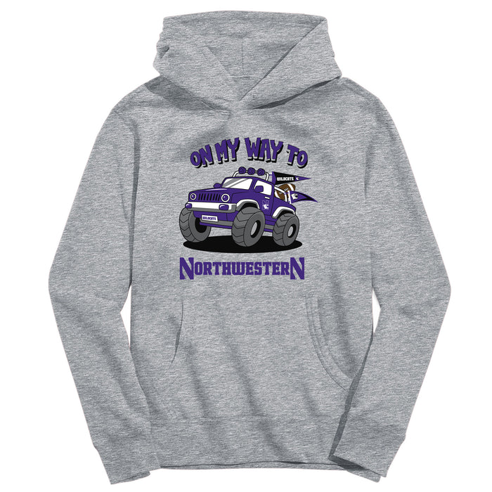 Northwestern Wildcats On My Way Monster Truck Heather Grey Cotton Youth Hoodie