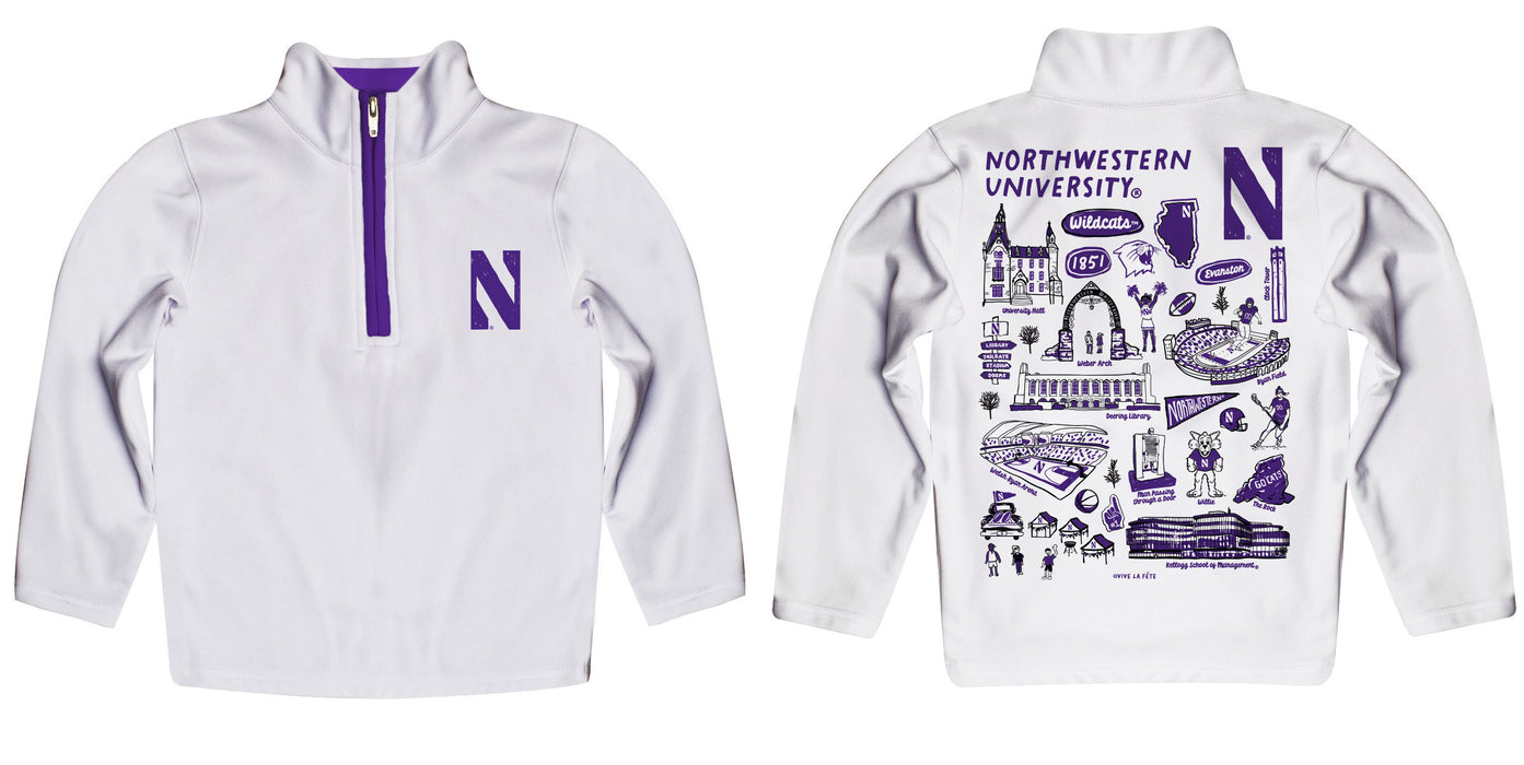 Northwestern Wildcats Hand Sketched Vive La Fete Impressions Artwork White Boys Quarter Zip Pullover V1 - Vive La Fête - Online Apparel Store