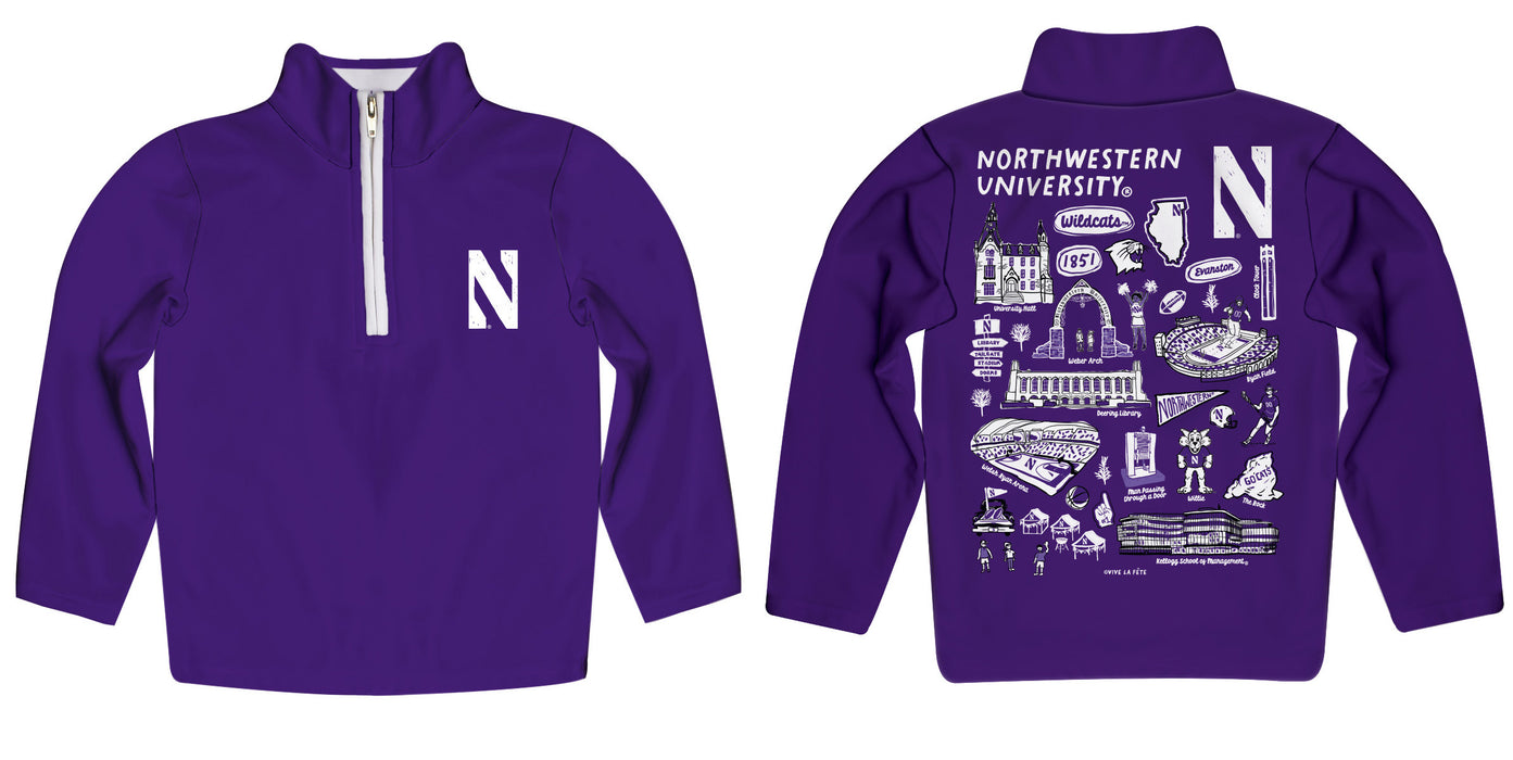 Northwestern University Wildcats Hand Sketched Vive La Fete Impressions Artwork  Purple Boys Quarter Zip Pullover V1 - Vive La Fête - Online Apparel Store
