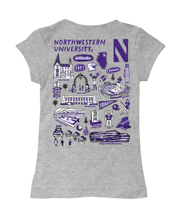 Northwestern Wildcats Hand Sketched Vive La Fete Impressions Artwork Grey Girls Cotton Short Sleeve Tee - Vive La Fête - Online Apparel Store