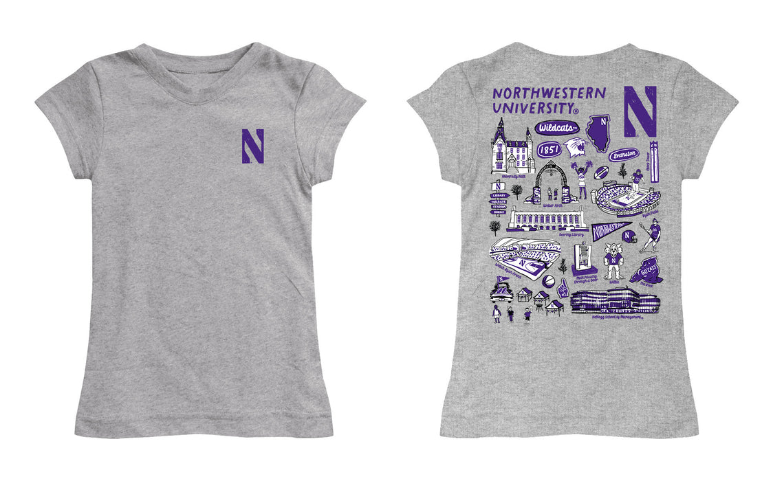 Northwestern Wildcats Hand Sketched Vive La Fete Impressions Artwork Grey Girls Cotton Short Sleeve Tee - Vive La Fête - Online Apparel Store