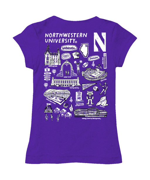 Northwestern Wildcats Hand Sketched Vive La Fete Impressions Artwork Purple Girls Cotton Short Sleeve Tee - Vive La Fête - Online Apparel Store