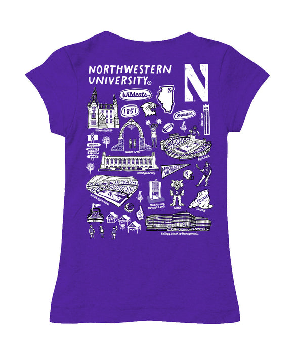 Northwestern Wildcats Hand Sketched Vive La Fete Impressions Artwork Purple Girls Cotton Short Sleeve Tee - Vive La Fête - Online Apparel Store
