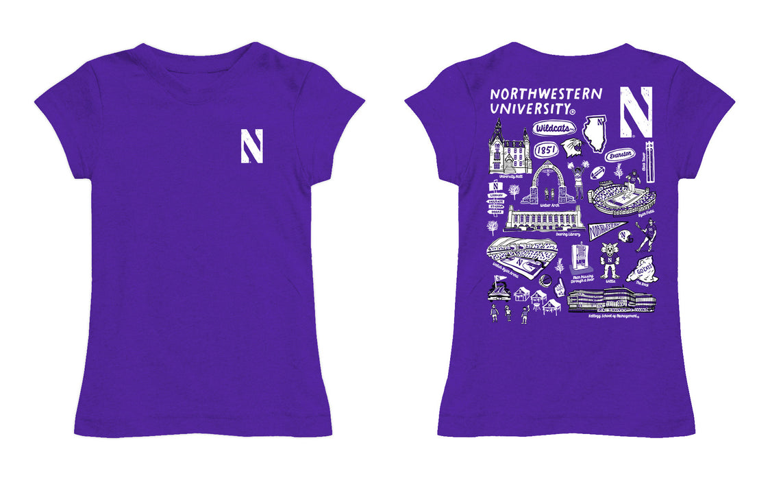 Northwestern Wildcats Hand Sketched Vive La Fete Impressions Artwork Purple Girls Cotton Short Sleeve Tee - Vive La Fête - Online Apparel Store
