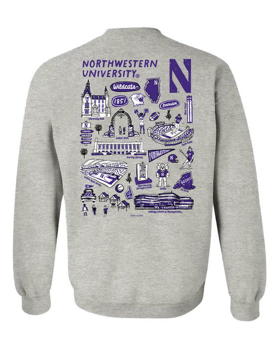Northwestern Wildcats Hand Sketched Artwork Purple Crewneck Sweatshirt for Women - Vive La Fête - Online Apparel Store