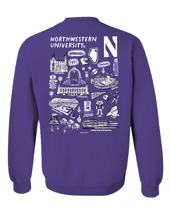 Northwestern Wildcats Hand Sketched Artwork Purple Crewneck Sweatshirt for Women - Vive La Fête - Online Apparel Store