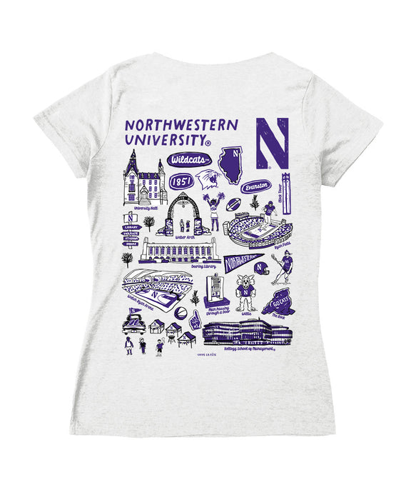 Northwestern Wildcats Hand Sketched Vive La Fete Impressions Artwork Purple Women Cotton Short Sleeve V-Neck Tshirt