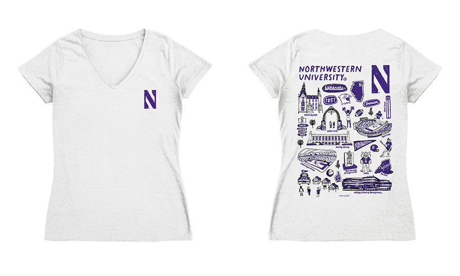 Northwestern Wildcats Hand Sketched Vive La Fete Impressions Artwork Purple Women Cotton Short Sleeve V-Neck Tshirt