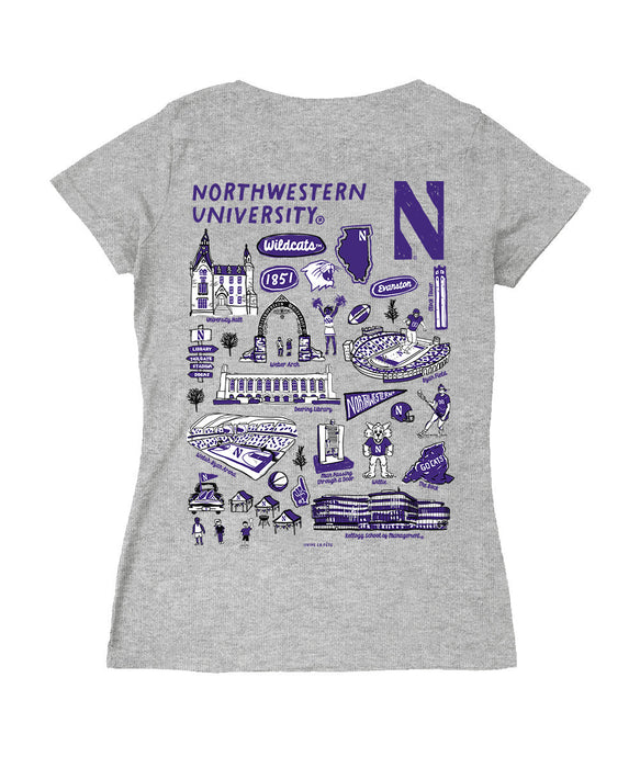 Northwestern Wildcats Hand Sketched Vive La Fete Impressions Artwork Purple Women Cotton Short Sleeve V-Neck Tshirt