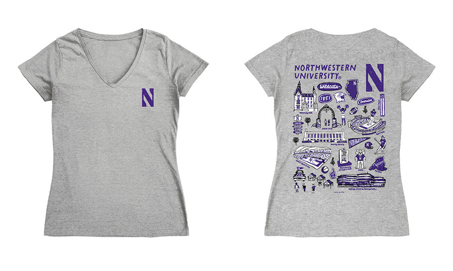 Northwestern Wildcats Hand Sketched Vive La Fete Impressions Artwork Purple Women Cotton Short Sleeve V-Neck Tshirt
