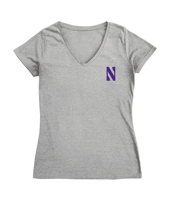 Northwestern Wildcats Hand Sketched Vive La Fete Impressions Artwork Grey Women Cotton Short Sleeve V-Neck Tshirt