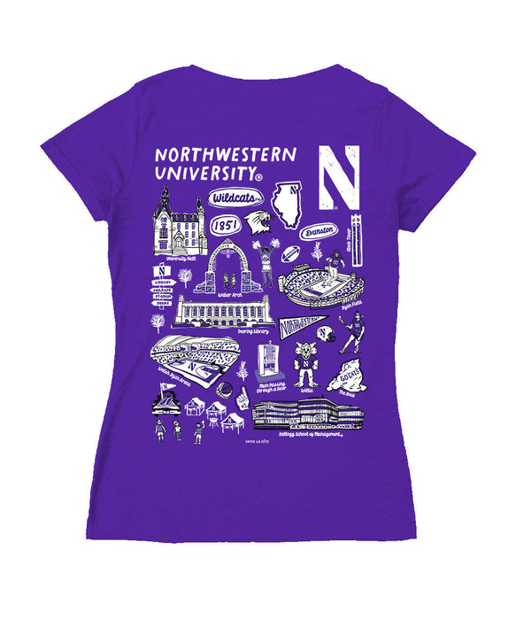Northwestern Wildcats Hand Sketched Vive La Fete Impressions Artwork Purple Women Cotton Short Sleeve V-Neck Tshirt