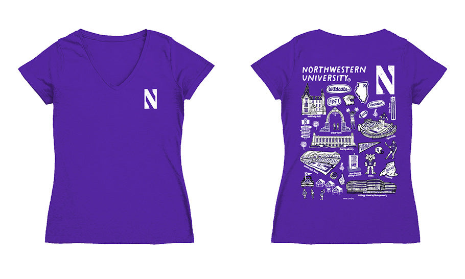 Northwestern Wildcats Hand Sketched Vive La Fete Impressions Artwork Purple Women Cotton Short Sleeve V-Neck Tshirt