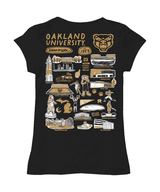Oakland Golden Grizzlies Hand Sketched Vive La Fete Impressions Artwork Black Girls Cotton Short Sleeve Tee - Vive La Fête - Online Apparel Store