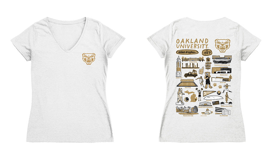 Oakland Golden Grizzlies Hand Sketched Vive La Fete Impressions Artwork Black Women Cotton Short Sleeve V-Neck Tshirt