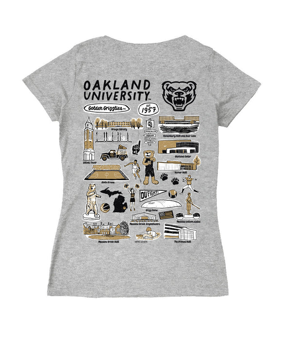 Oakland Golden Grizzlies Hand Sketched Vive La Fete Impressions Artwork Black Women Cotton Short Sleeve V-Neck Tshirt