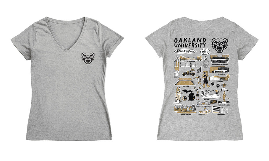 Oakland Golden Grizzlies Hand Sketched Vive La Fete Impressions Artwork Black Women Cotton Short Sleeve V-Neck Tshirt