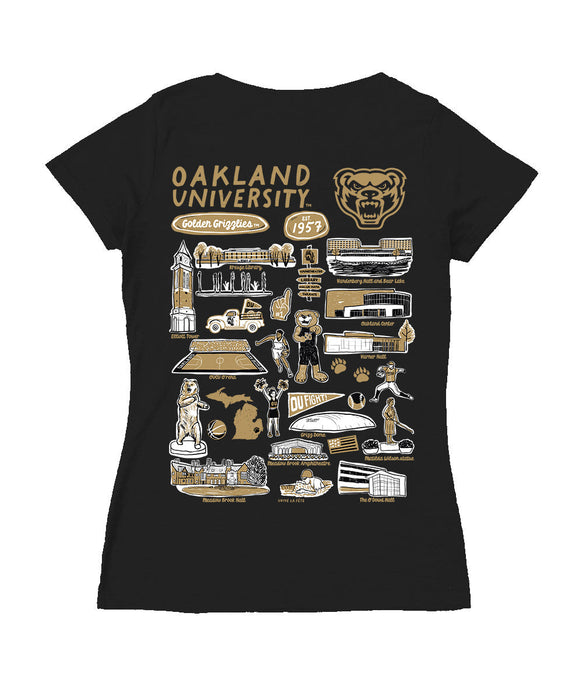 Oakland Golden Grizzlies Hand Sketched Vive La Fete Impressions Artwork Black Women Cotton Short Sleeve V-Neck Tshirt