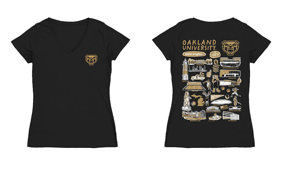 Oakland Golden Grizzlies Hand Sketched Vive La Fete Impressions Artwork Black Women Cotton Short Sleeve V-Neck Tshirt