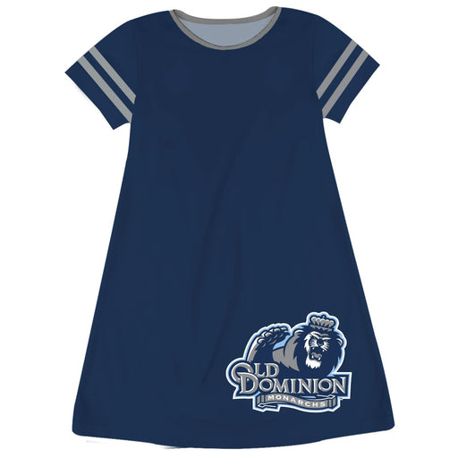 Old Dominion Monarchs Vive La Fete Girls Game Day Short Sleeve Blue A-Line Dress with large Logo