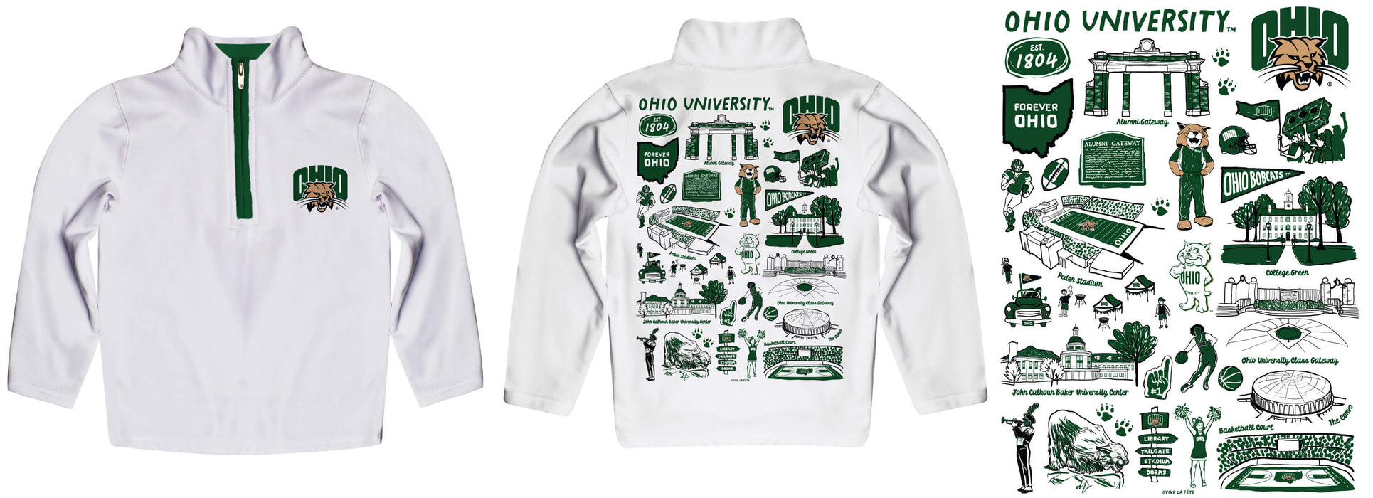 Ohio University Bobcats Hand Sketched Vive La Fete Impressions Artwork White Boys Quarter Zip Pullover V1 - Vive La Fête - Online Apparel Store