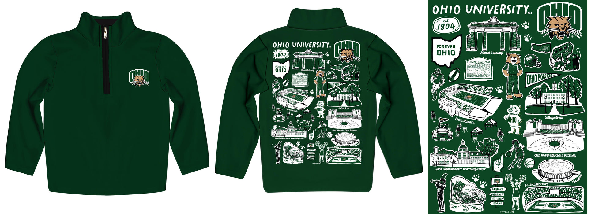 Ohio University Bobcats Hand Sketched Vive La Fete Impressions Artwork Green Boys Quarter Zip Pullover V1 - Vive La Fête - Online Apparel Store