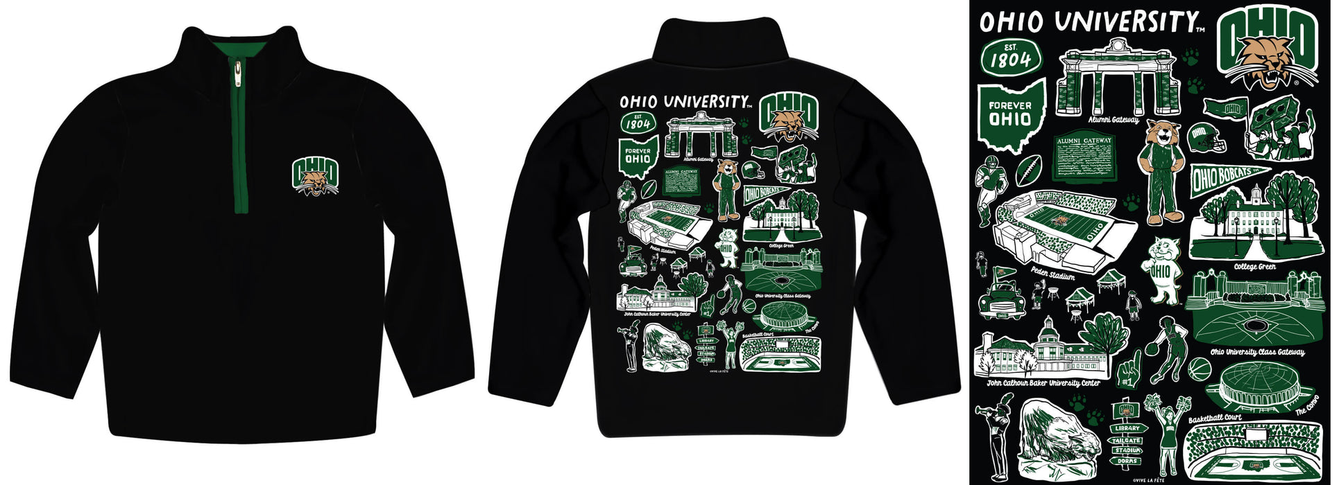 Ohio University Bobcats Hand Sketched Vive La Fete Impressions Artwork Black Boys Quarter Zip Pullover V1 - Vive La Fête - Online Apparel Store