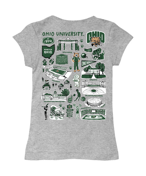Ohio University Bobcats Hand Sketched Vive La Fete Impressions Artwork Grey Girls Cotton Short Sleeve Tee - Vive La Fête - Online Apparel Store
